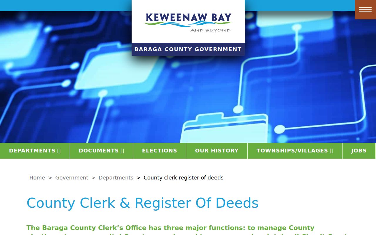 Baraga County Clerk and Register of Deeds page noting which office keeps Baraga County court and warrant files