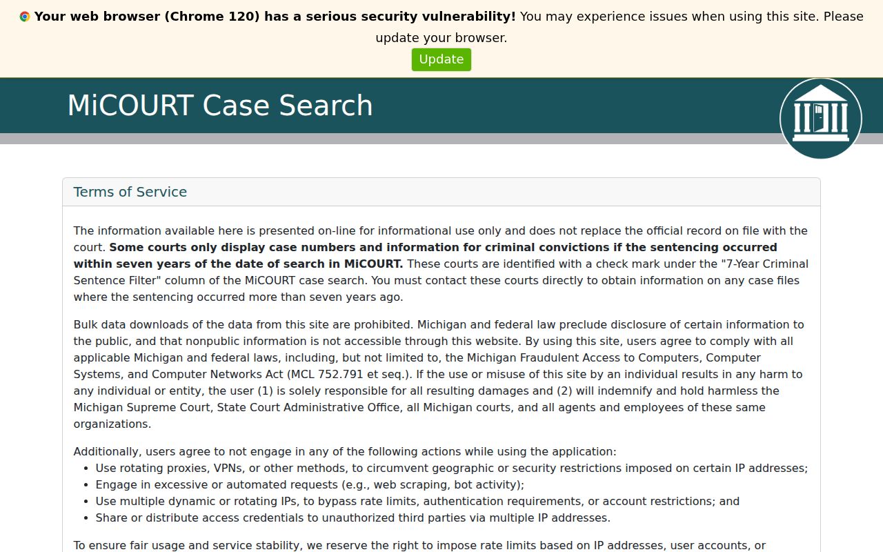 Michigan public case search landing page used for a Baraga County warrant name search
