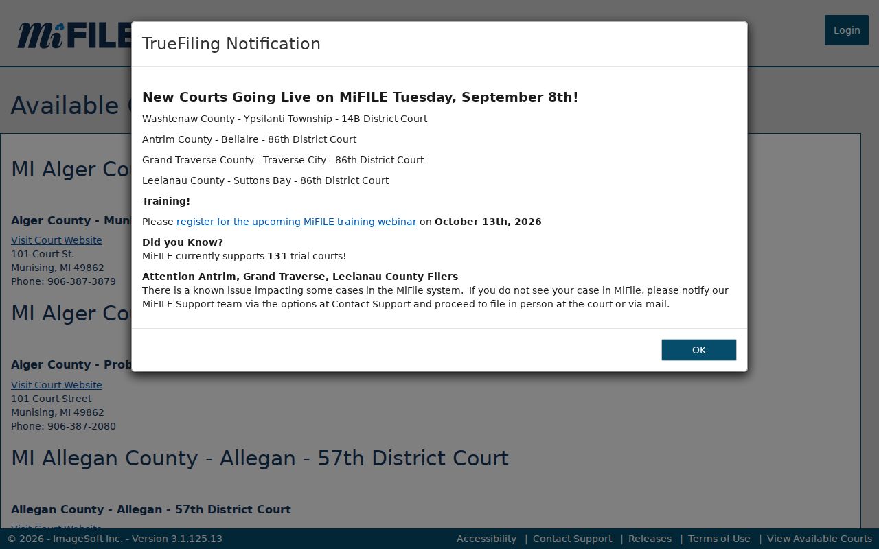 MiFILE court directory showing e-filing availability for the Baraga County district court that holds warrant case records