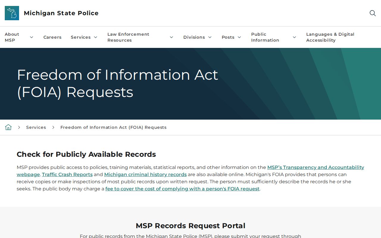 Michigan State Police public records request page for Baraga County traffic warrant case paperwork