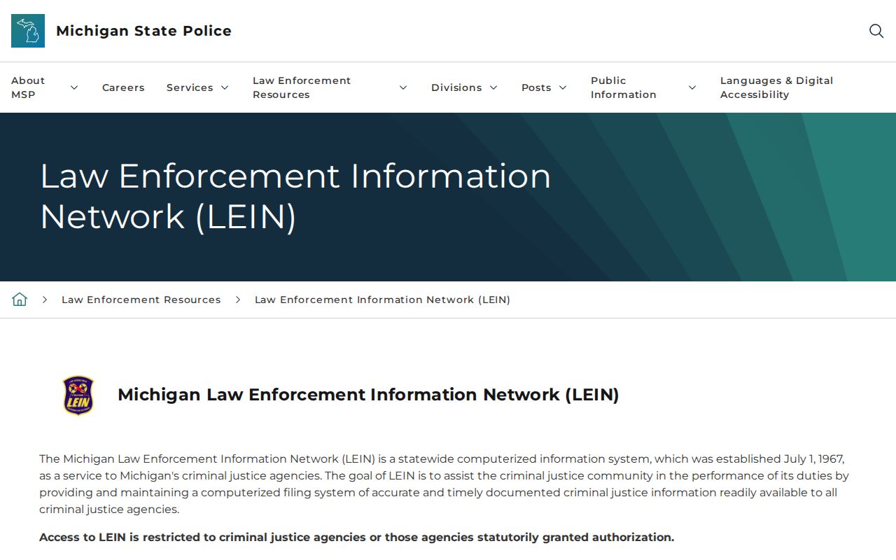 Michigan State Police network page explaining the restricted system that holds Baraga County active warrant status