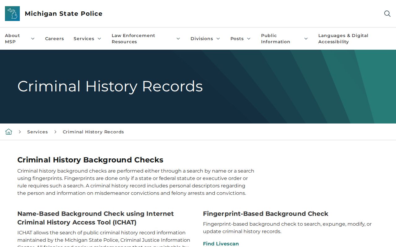 Michigan State Police criminal history page noting that Baraga County warrant information is not available through it