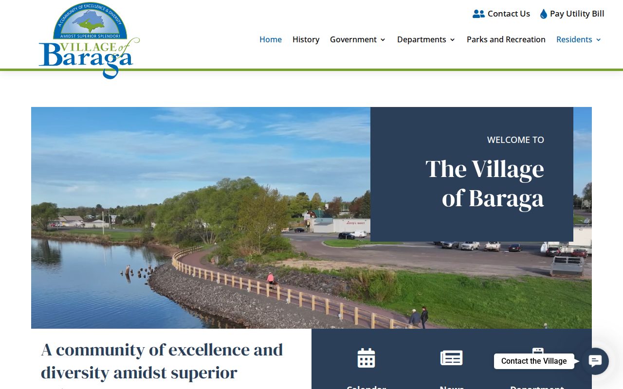 Village of Baraga home page showing the lakeside community served by the Baraga County warrant process