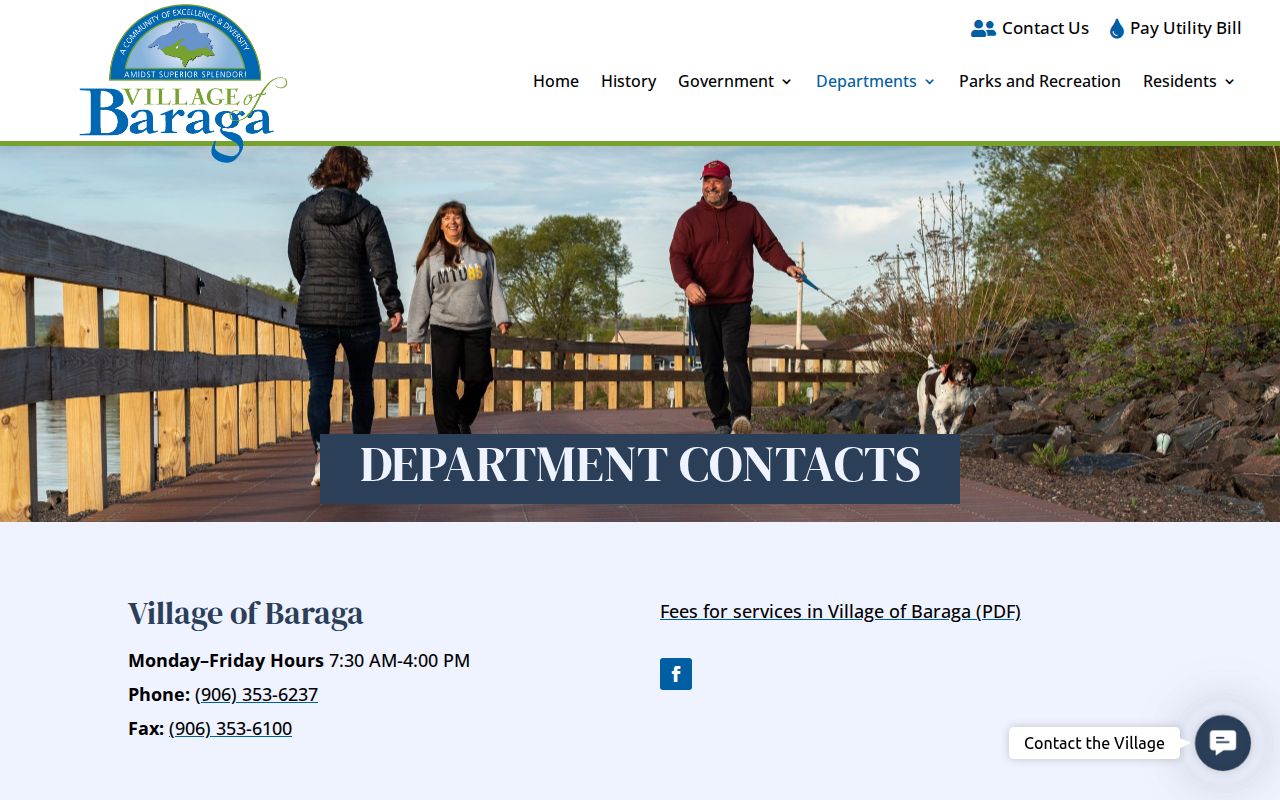 Village of Baraga department contacts page showing the local offices that handle Baraga County warrant record requests