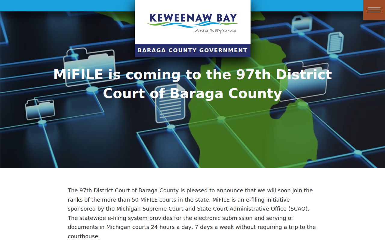 Baraga County announcement about electronic filing in the 97th District Court where Baraga Village warrant cases are handled