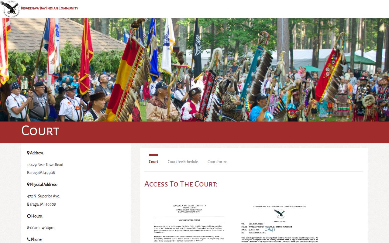 Keweenaw Bay Indian Community Tribal Court page covering tribal warrants near L'Anse in Baraga County