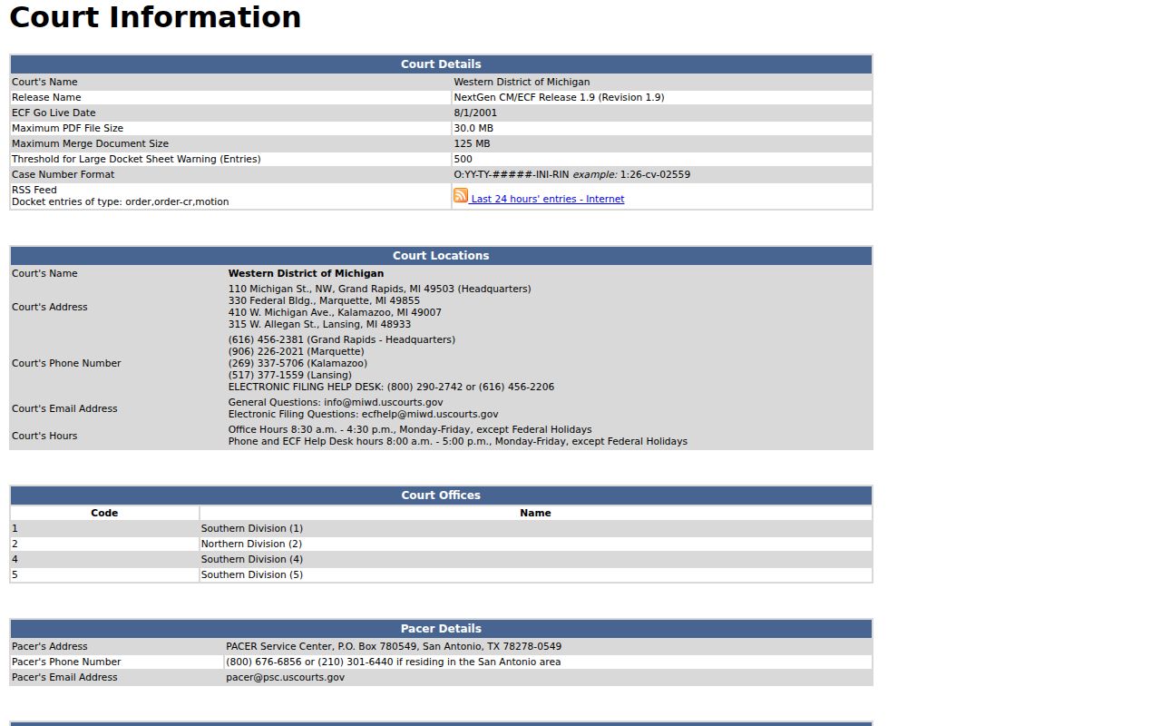 Federal court information page showing hours and case number format for Baraga County federal warrant lookups