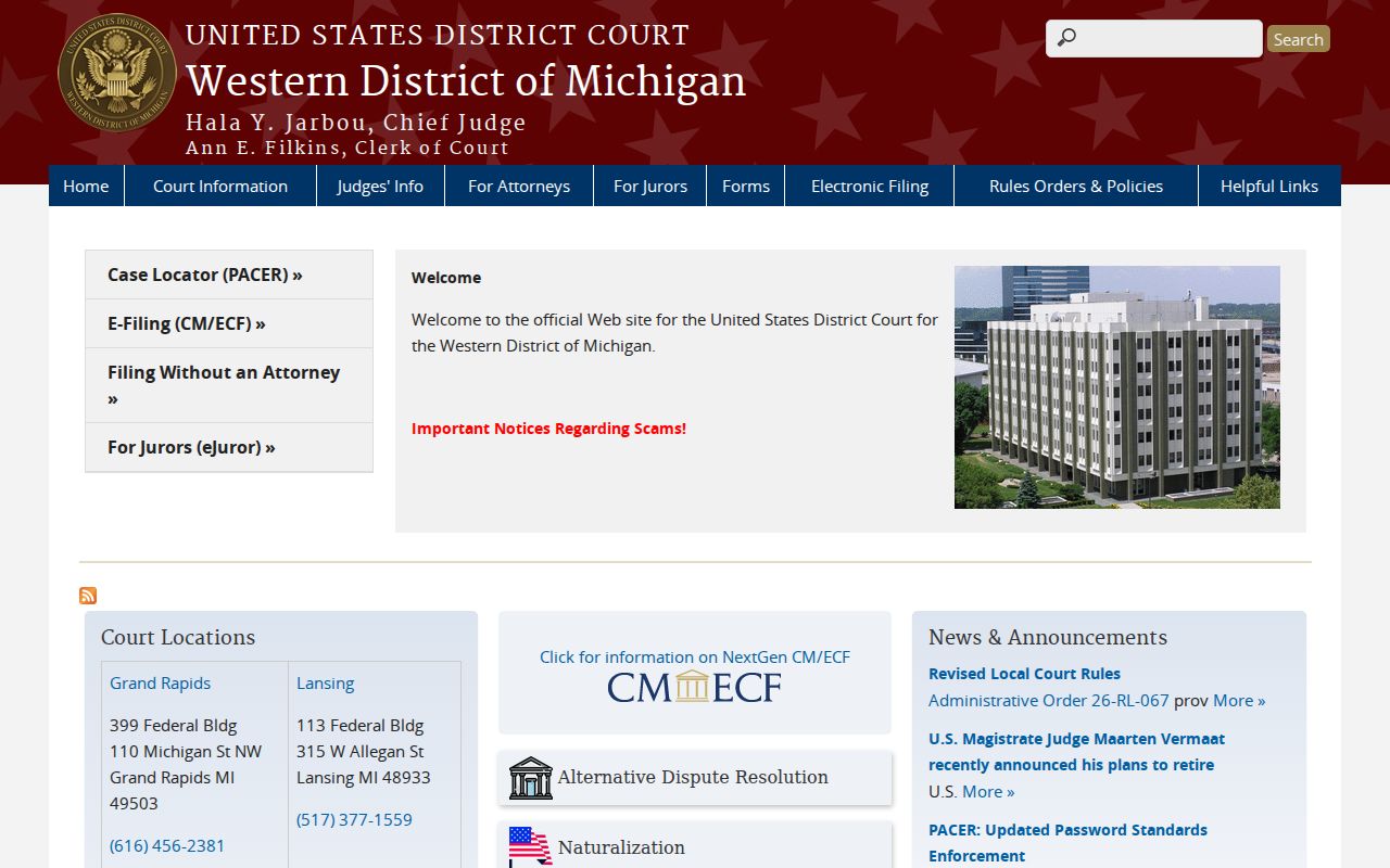 Federal district court page for the Western District of Michigan, which handles federal arrest warrants in Baraga County