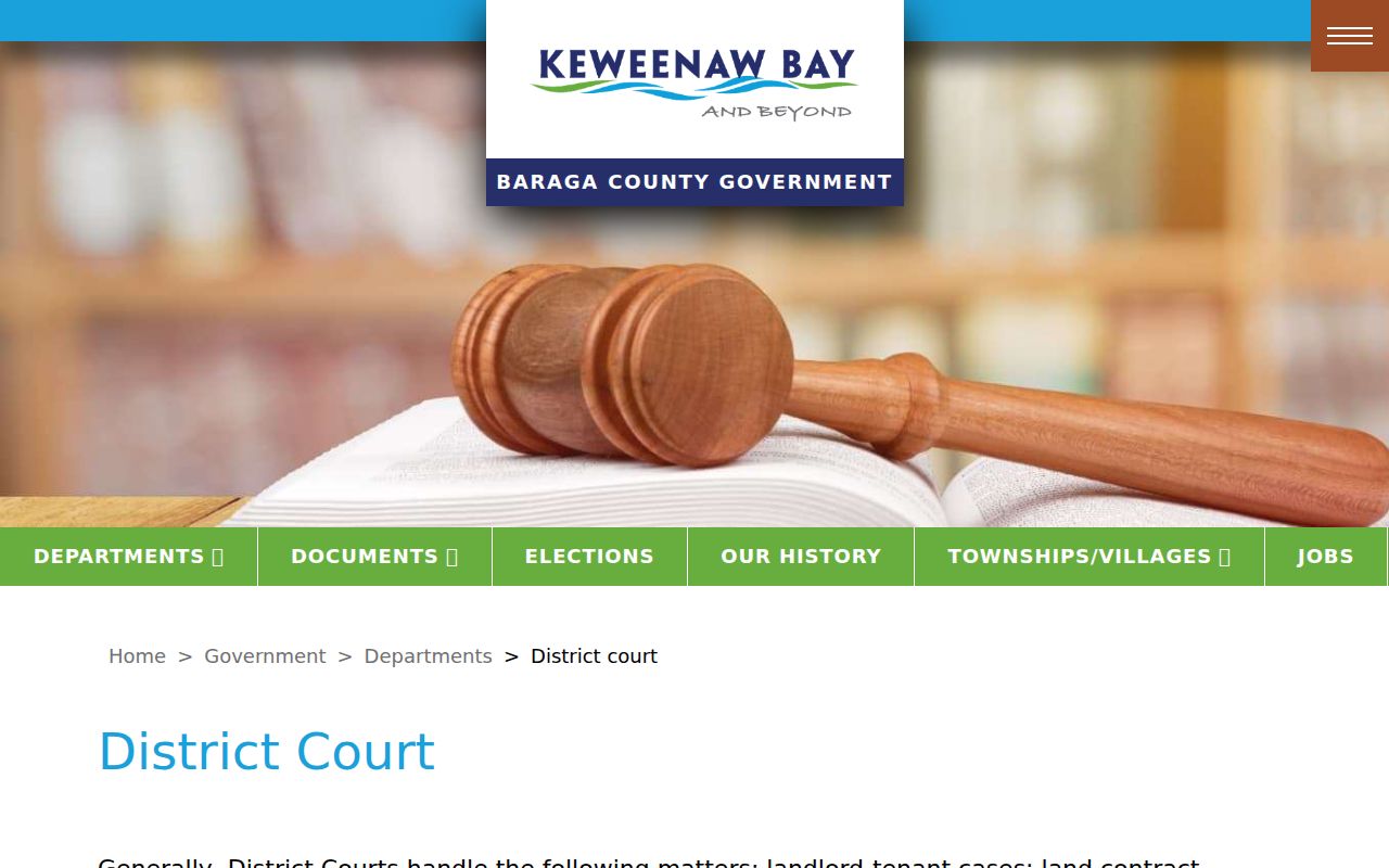 97th District Court page showing the Baraga County court that issues misdemeanor and traffic warrants
